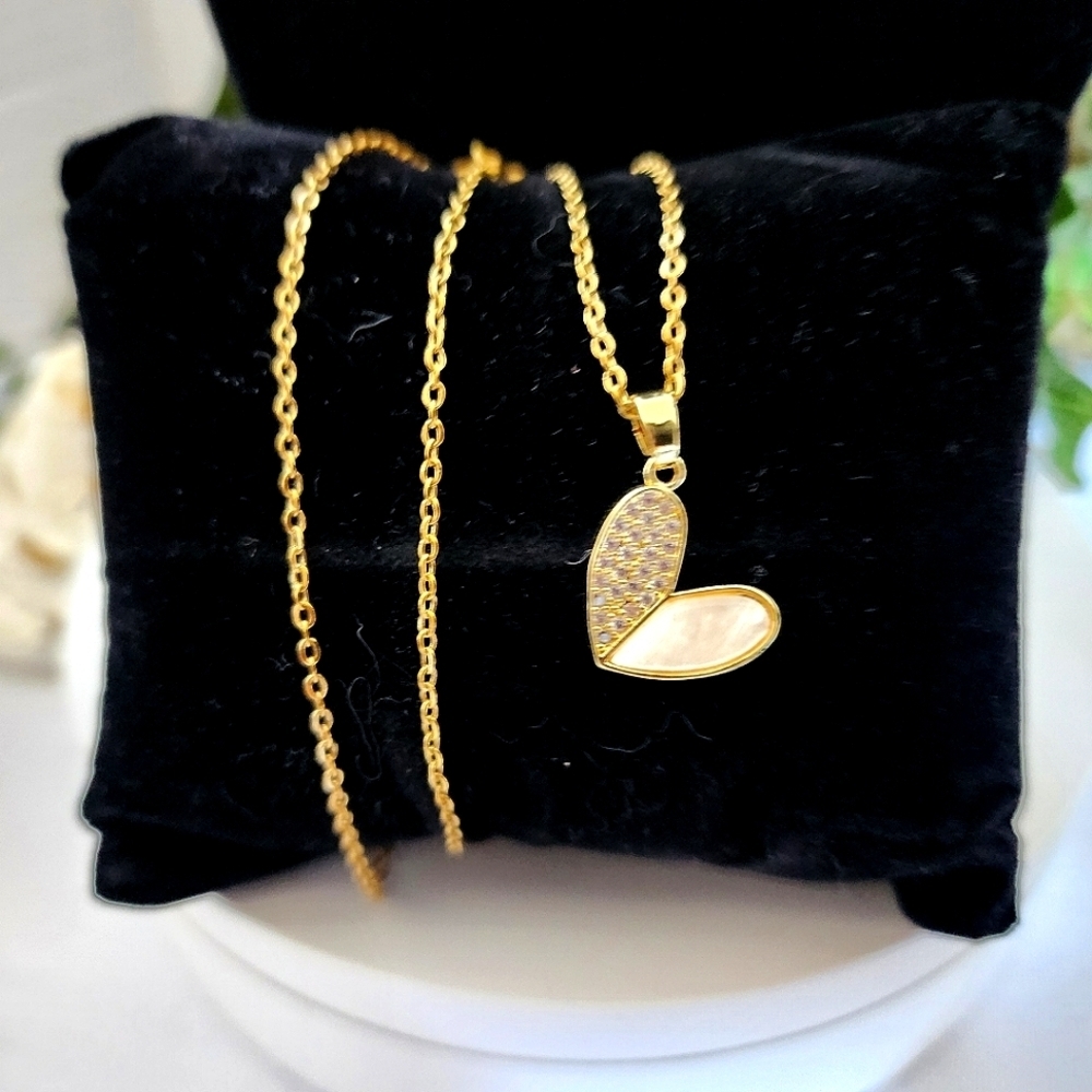 Gold Chain Necklace with Micro Pave and Shell Heart Pendant